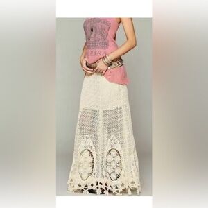 Free People Mi Amore Crochet Ivory Hippie Festival Boho Maxi Skirt SZ 4